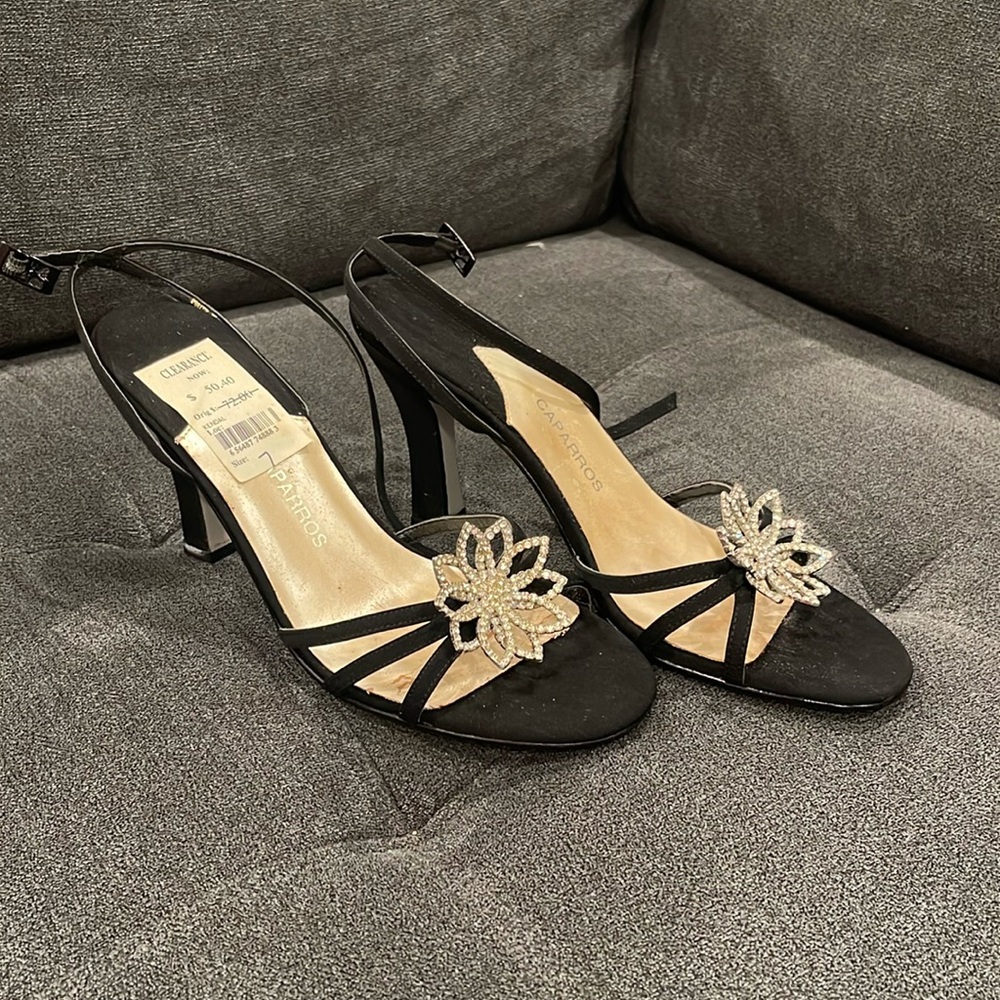 Caparros Black ankle strap 3” heel with jeweled piece